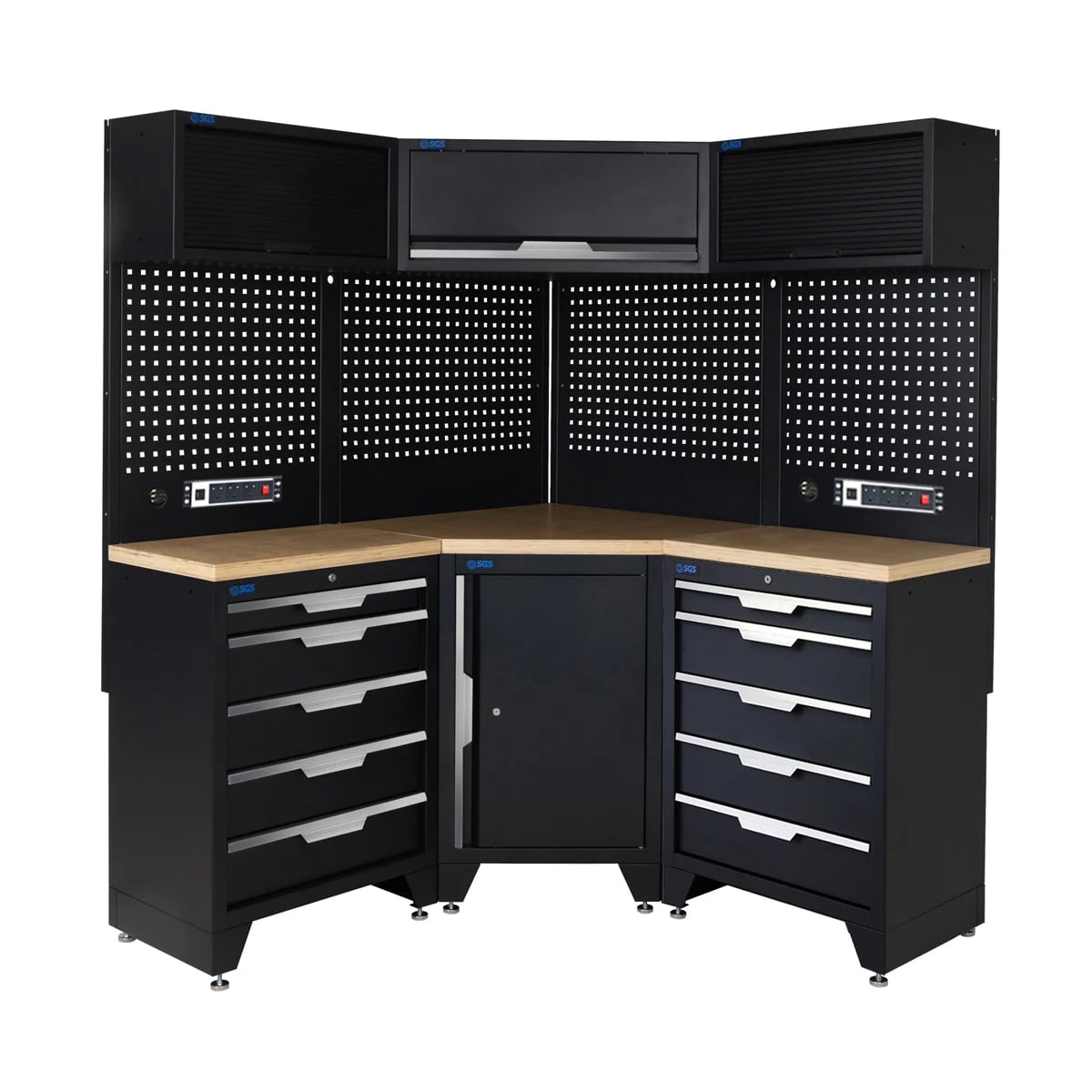 SGS 10pc Corner Modular Garage Storage | 10 Drawers | Plywood Worktop | Corner Floor Cabinet | 3x Upper Cabinets | 2x Pegboards with Power Strip